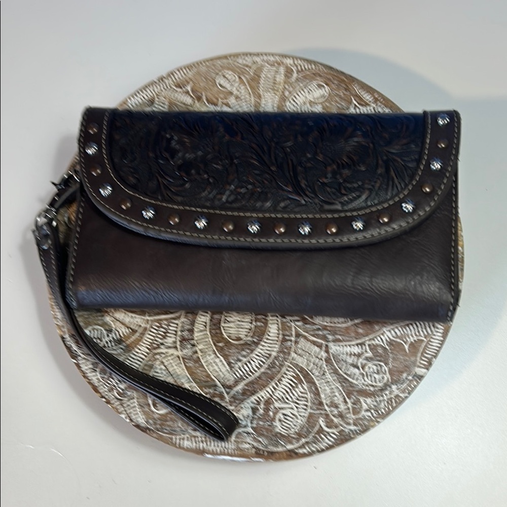 NOVONA GENUINE TOOLED LEATHER, AND RHINESTONES BROWN WALLET